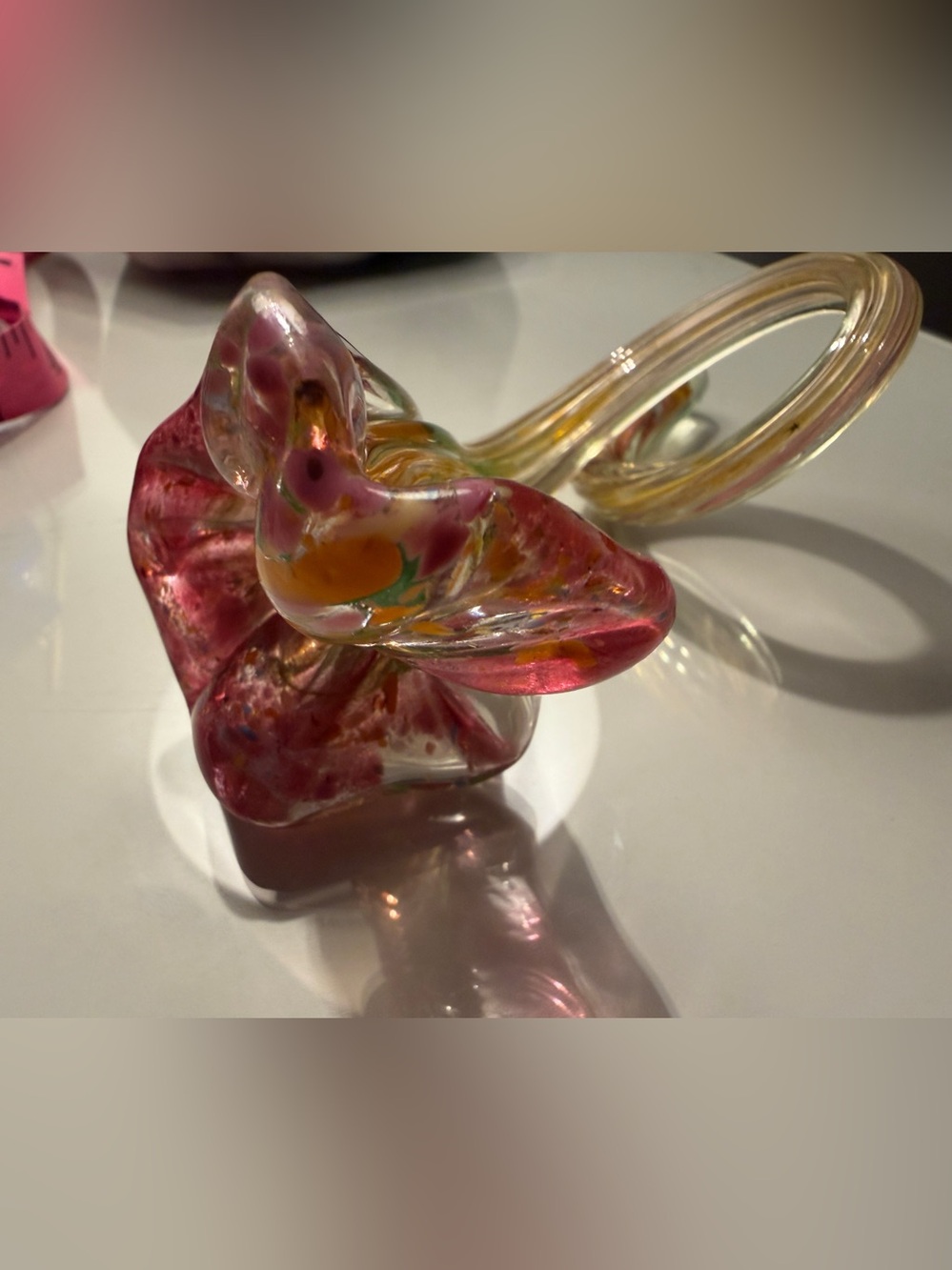 Vintage Hand Blown Art Glass Looped Stem Flower Figurine - Pink & Amber